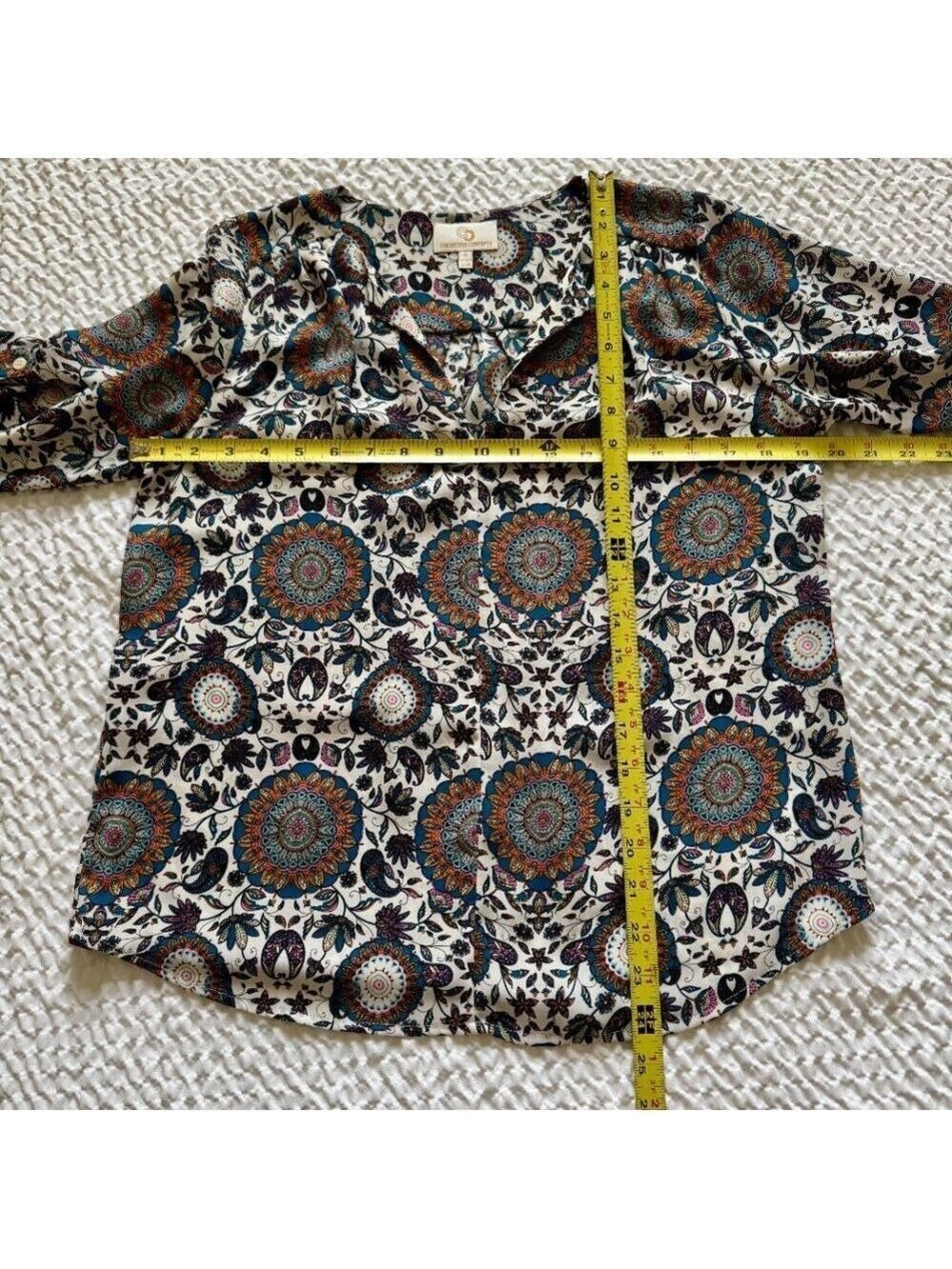 Paisley Print Split V-Neck, 3/4 Sleeve Blouse, Multicolor, Size Small - Picture 8 of 8